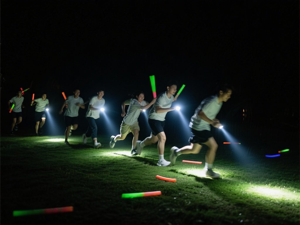 夜间团队接力赛：利用手电筒或荧光棒作为指引，团队成