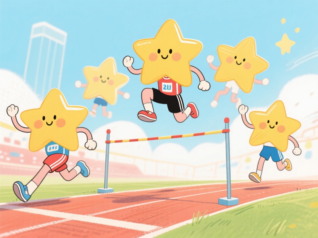 用拟人化的星星讲述体育故事：可以画出几颗星星穿着运